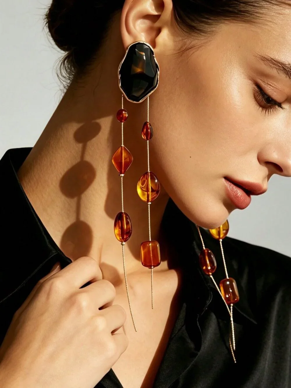 oho Women's Metal Rim Caramel Amber Resin Beads Tassel Long Drop Earrings